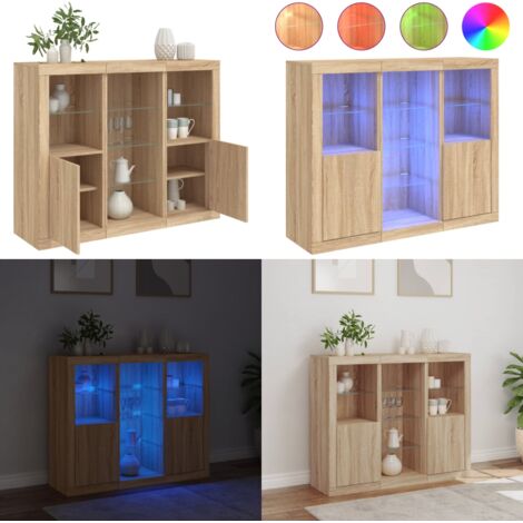 Credenze con Luci LED 3 pz Rovere Sonoma in Legno Multistrato - Armadietti con luci RGB - Credenze in legno multistrato