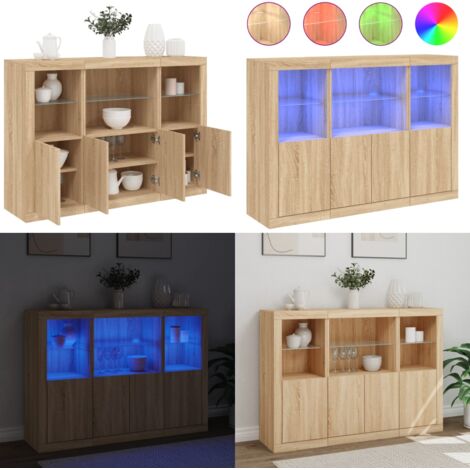 Credenze con Luci LED 3 pz Rovere Sonoma in Legno Multistrato - Armadietti con luci RGB - Credenze in legno multistrato