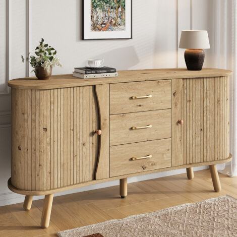 Credenze e buffet con 2 ante scorrevoli e 3 cassetti, naturale, 150x36,5x75 cm