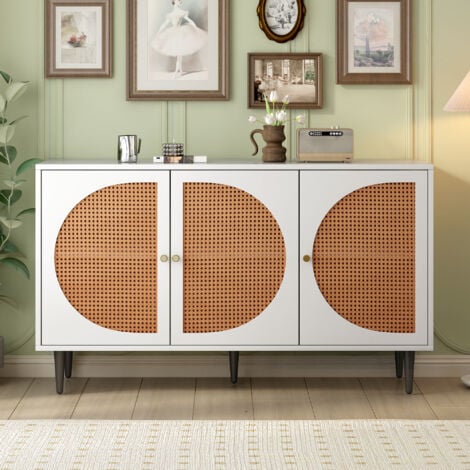Credenze e buffet in metallo rattan con cassetti e maniglie - 129,8 x 40 x 76 cm, 3 ante decorate, bianco