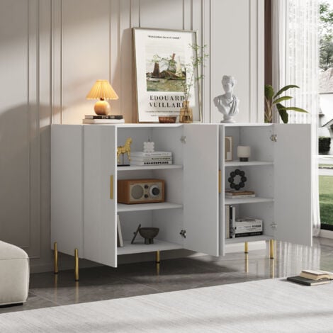 Credenze e buffet, mobile contenitore, decorazione oro, mobile contenitore multifunzionale bianco satinato, 4 ante, 160x35x100cm