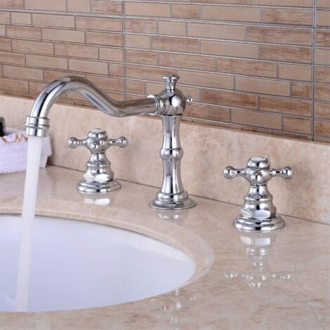 Crediri Moderner Chrom-Kupfer-Kreuzhahn, silberner Kreuzhahn, 3-Loch, 360° drehbarer Waschtischhahn, Keramikventil-Mischbatterie mit G1/2-Wasserhahn