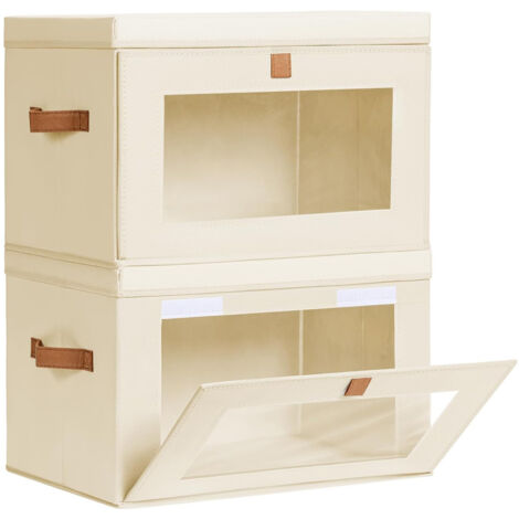 Cremefarbene Aufbewahrungsbox für Kleidung, 42 x 30 x 28 cm, 2 große Fächer mit Deckel, mit Griff und Fenster, faltbare Dekobox