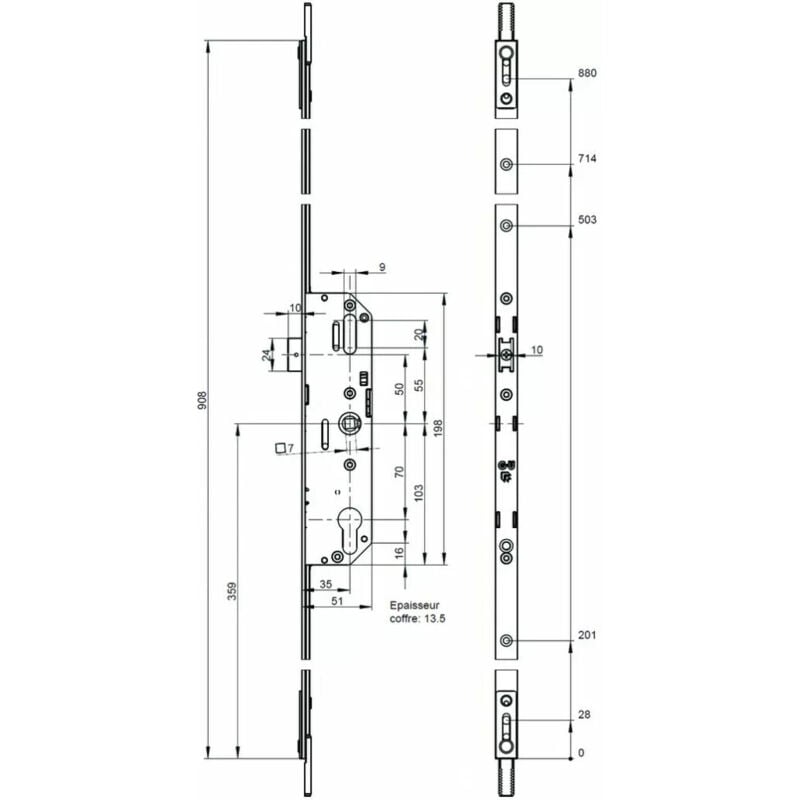 Crémone à barillet rénovation ajustable haute et basse axe à 35 entraxe 70 mm Ferco