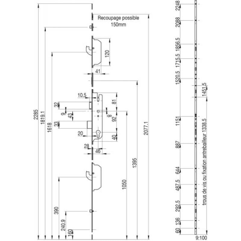 Crémone europa 2 galets et 2 crochets têtière 16 carré 8 axe 35 entraxe 92 2285 mm d 1050 mm Ferco