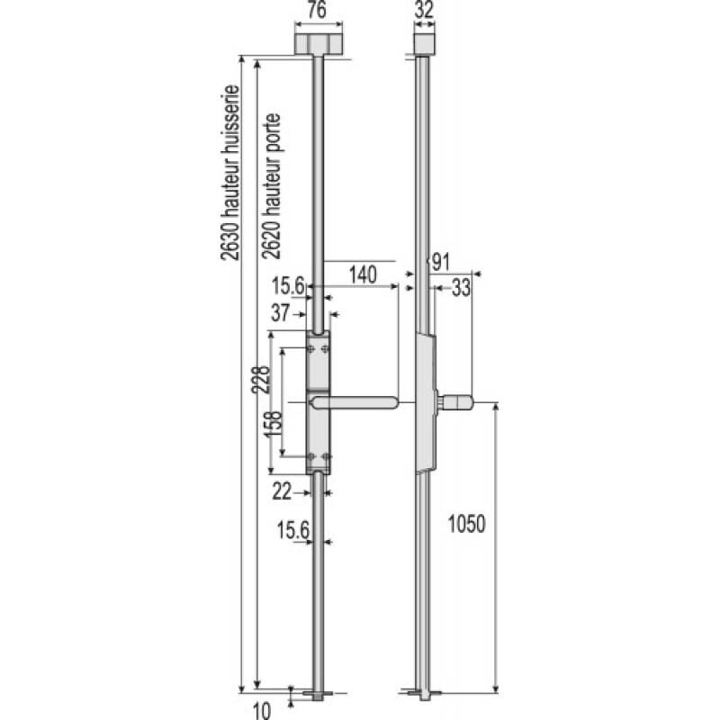 Crémone pompier type st 742 cfpf pour porte coupe feu à poignée rotative sans tringle coloris noir Vachette