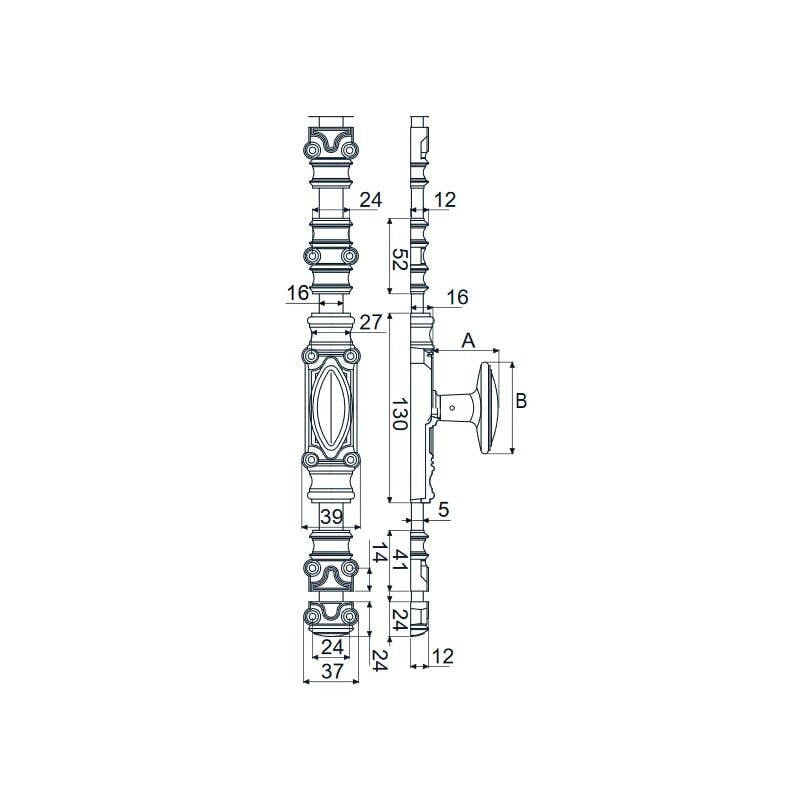 Jardinier Massard - Crémone rustique RY16 série légère pour tringle 16x5mm apprêt gris/bouton standard noir J041362-1
