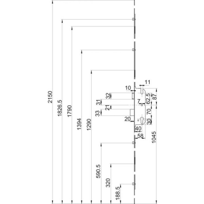 Crémone secury 4 galets têtière 16 carré 7 axe 40 entraxe 70 2150 mm d 1045 mm Ferco