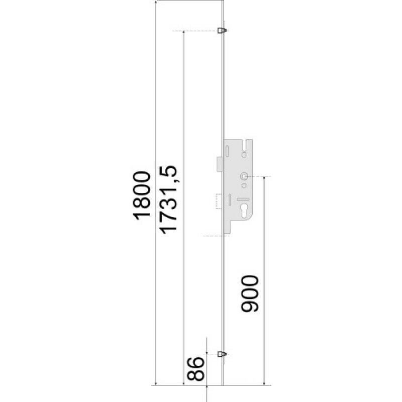 Crémone serrure - Tétière 18 mm - 3 points - Axe 40 mm longueur 1800 mm cote d 900 mm - Coffre 213 x 58 mm - GU-Europa Ferco