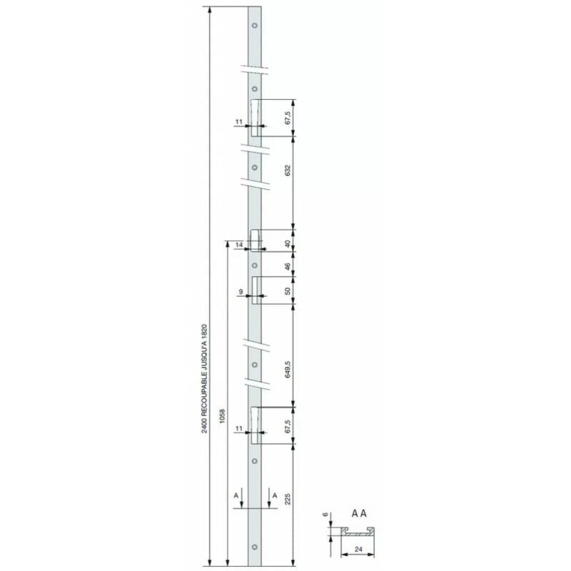 Crémone verrou jet à larder cote D 980 mm longueur 2225 mm pour châssis 1 vantail avec fouillot à 15 mm cote D fixe - FERCO