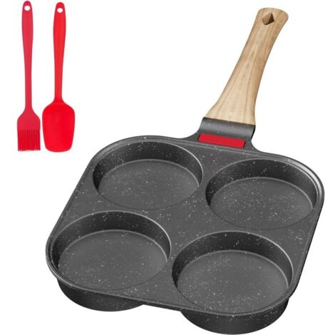Crêpière à 4 compartiments et poêle à œufs avec poignée amovible, compatible gaz et induction, revêtement antiadhésif gris, en aluminium – idéale pour petit-déjeuner
