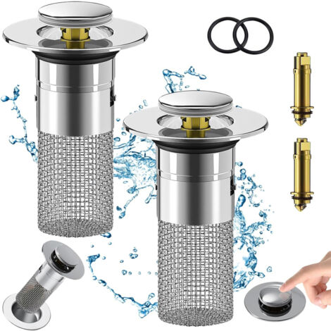 Crépine de lavabo de salle de bain, bouchon universel amélioré pour lavabo de 3,4 à 4 cm (1,34 à 1,57 pouce), crépine escamotable avec panier à cheveux amovible en acier inoxydable (2 pièces)