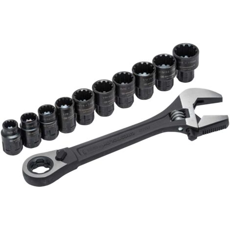 Crescent Pass-Through Adjustable Wrench Set with 11 Pieces and Combo Sockets (CRECPTAW8) with Spline Sockets (XMS21PTHRU11)