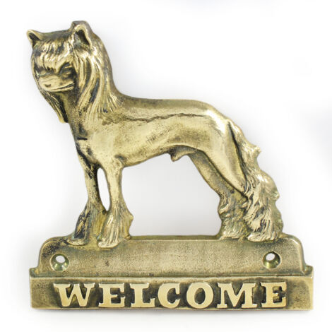 Crestado chino: letrero para puerta con un perro, placa de bienvenida de latón, letrero único con la palabra Bienvenido de Art-Dog