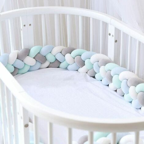 Crib Bumper 4 Weave Baby Cushion Snake Braided Bumper Velvet Crib Protector Bumper Nursery for Newborns Crib Bedroom Decor with, Grey+White+Green+Blue, 1.5m