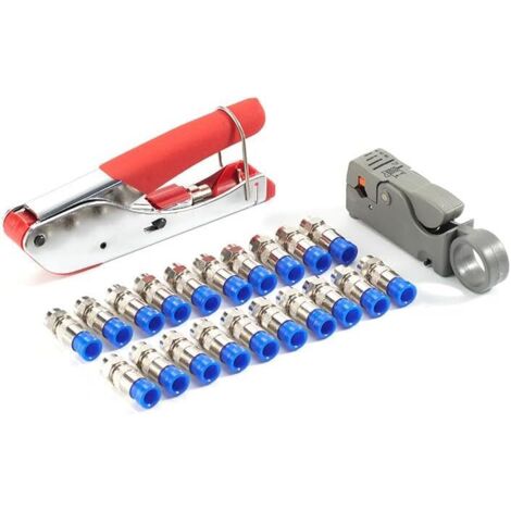 Crimpadora de cable coaxial, kit de herramientas de compresión de cable coaxial con herramienta de crimpado, pelacables de doble hoja ajustable para cable coaxial RG59/6/58/174, 20 conectores