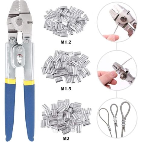 Crimping Tool for Wire Rope up to 2.2mm with 150pcs 3 Sizes Aluminum Double Barrel Crimping Sleeves