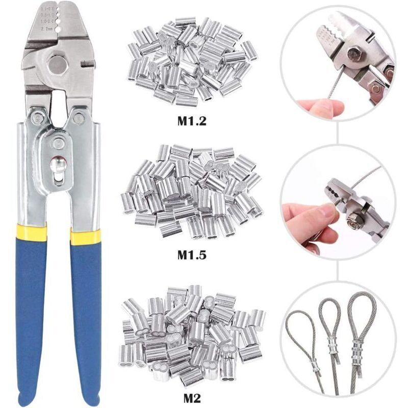 Crimping tool for wire ropes up to 2.2 mm with 150 double-crimp aluminum sleeves in 3 sizes