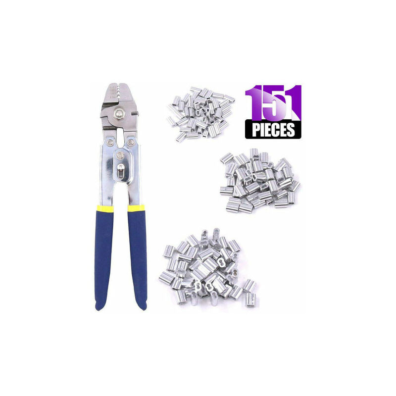 Crimping tool up to 2.2mm for wire rope with 150 pieces of 3 sizes aluminum double barrel, silver, one set, Fonepro
