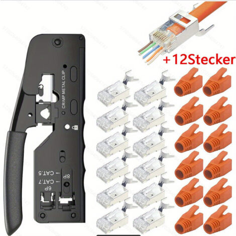 Crimpzange Netzwerkstecker Set,Crimpzange rj45 mit 12Cat 7 Cat6A Lan Stecker, netzwerk werkzeug set für RJ45 Stecker Cat7 Cat6A Cat5 Cat5e Cat6...