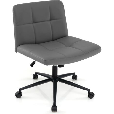 Criss Cross Chair with Wheels PU Leather Upholstered Cross-legged Office Chair with Oversized U-shaped Seat Grey