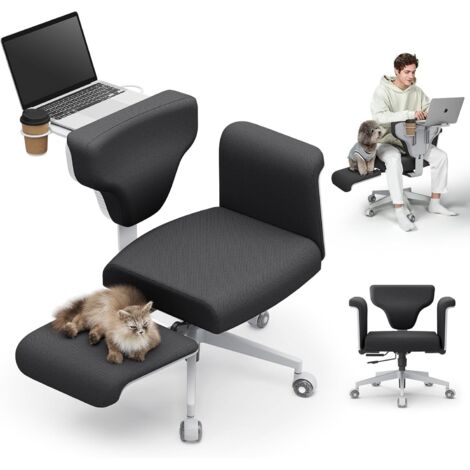 Criss Cross Stuhl mit Rädern & Armlehnen – Bürostuhl mit Schneidersitz, verstecktem Tablett, verstellbarem Relax-Sitz in wasserfestem Stoff (Schwarz-Grau). Ideal für Homeoffice, Schlafzimmer & Yoga