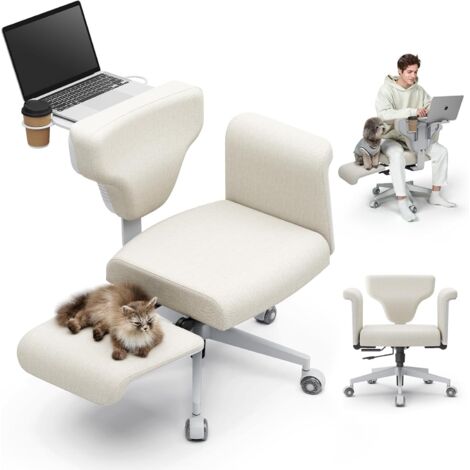 Criss Cross Stuhl mit Rädern & Armlehnen – Bürostuhl mit Schneidersitz, verstecktem Tablett, verstellbarem Relax-Sitz und wasserfestem Stoffbezug (Apricot). Ideal für Homeoffice, Schlafzimmer & Yoga