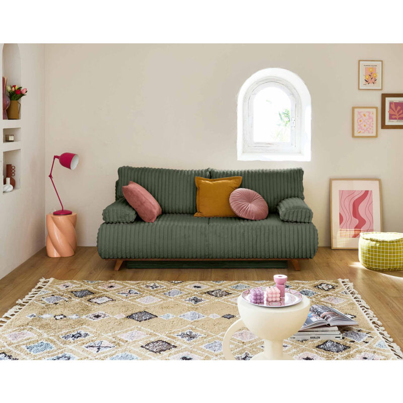 Bestmobilier - Cristal - canapé 3 places - convertible avec coffre - en fausse fourrure côtelée - vert