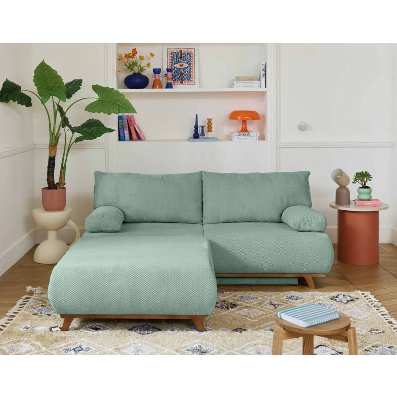 Bestmobilier - Cristal - canapé 3 places - convertible avec coffre et grand pouf - en velours texturé - bleu