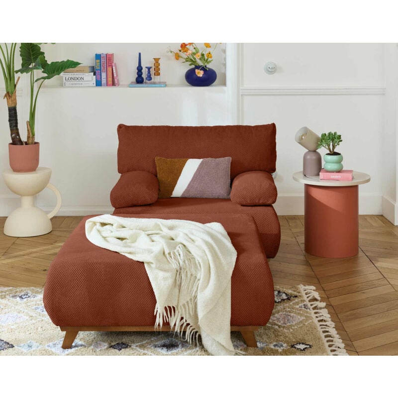 Cristal - fauteuil - convertible avec coffre et grand pouf - en velours texturé - terracotta