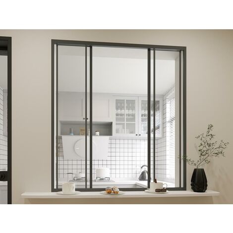 VENTE-UNIQUE Cristalera corredera de aluminio termolacado negro 120 x 130 cm - RAVENA - Venta-unica