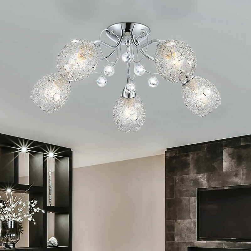 

Lámpara de techo de diseño con cristales acrílicos cromados en un juego que incluye bombillas LED