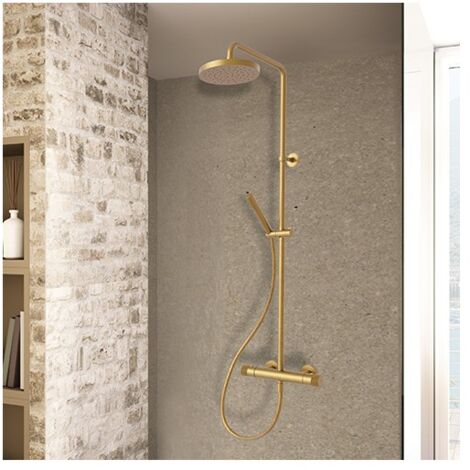Cristina Ondyna – Colonne de douche thermostatique or brossé – Pomme haute avec flexible 150 cm – Inverseur 2 voies – Douchette anticalcaire – ES48696P