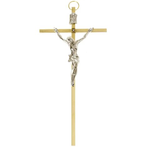 Croce sospesa in ottone, oro e argento, 7 x 14,5 cm