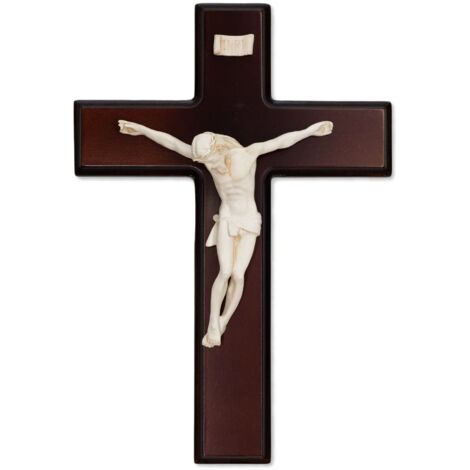 Crocefisso parete Classico Legno Croce effetto LEGNO opaca con corpo scultoreo AVORIO con scatola 24,5x35 cm
