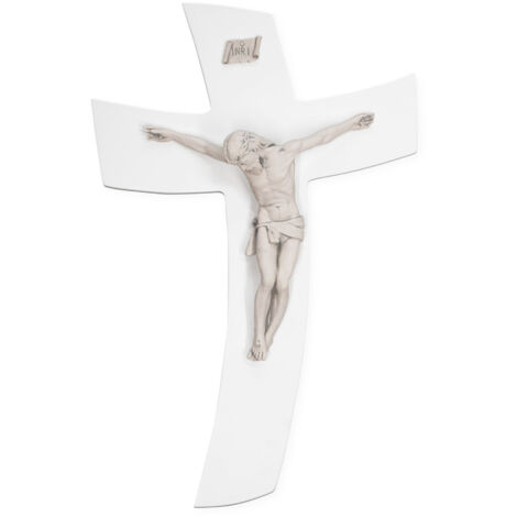 Crocefisso parete Moderno Legno Croce stilizzata BIANCA con corpo scultoreo Grigio con scatola 24,5x35 cm