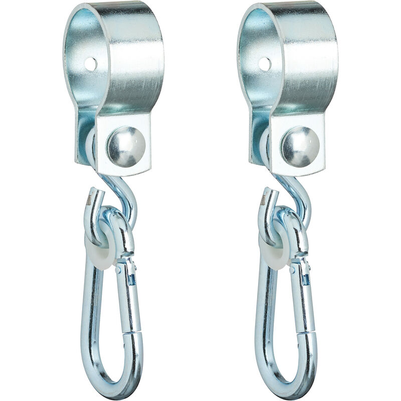 Crochet de balançoire, lot de 2, avec mousqueton, fixation chaise suspendue, 50 mm, fer inoxydable, argenté - Relaxdays