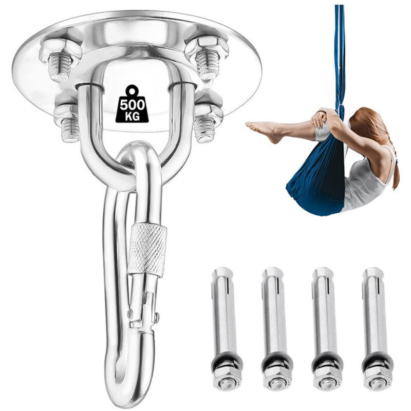 Crochet de plafond pour suspendre des hamacs, du yoga, des chaises suspendues, kit d'entraînement de suspension en acier inoxydable (avec mousqueton