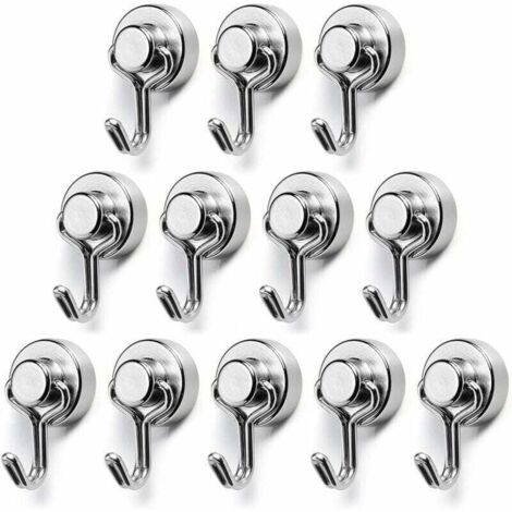 Crochet Magnétique, Diamètre 15mm Petit Puissant Crochet Métallique Aimantés en Néodyme, Capacité de Charge Maximale 7kg, Adapté pour Cuisine, Réfrigérateur, Bureau Lot de 12