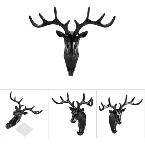 Crochet mural adhésif tête de cerf pour porte-clés et sacs, décoration intérieure (Noir)