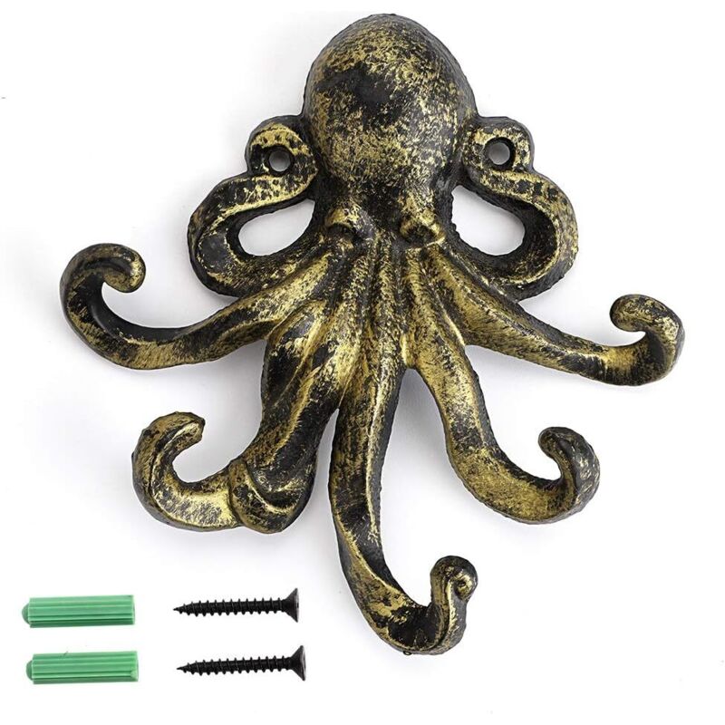 Crochet mural décoratif Octopus 5 Tentacles en fonte - crochet de serviette rustique crochet clé manteau manteau porte-serviettes, Bronze vert