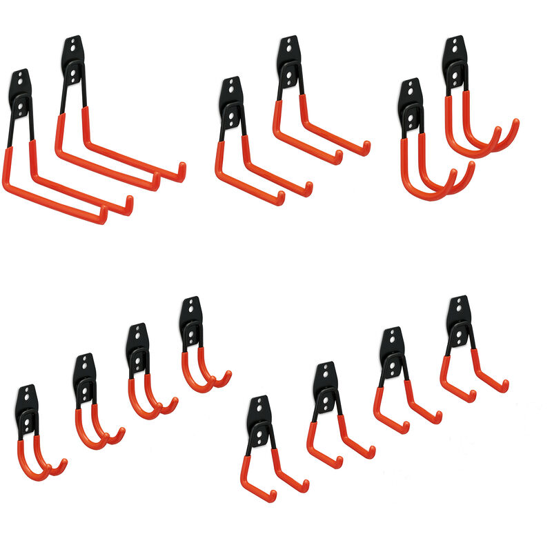 Relaxdays - Crochet mural, set de 14, support pour outils, acier, caoutchouté, rangement outils de jardin, noir-orange