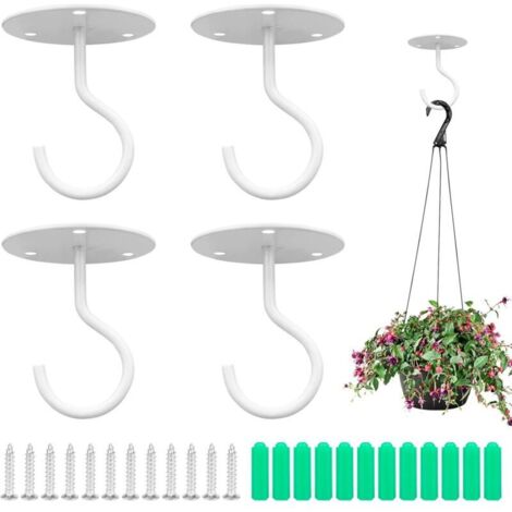 Crochet Plafond 4 Pièces Métal Mur Plante Crochet Swag Cintres de Plafond avec Vis et Ancres pour Suspendre Paniers à Plantes Lanternes Carillons Éoliens Décorations Extérieur (Blanc)