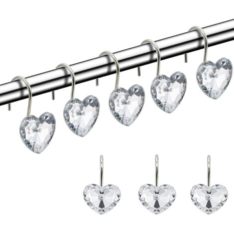Crochet Pour Rideau De Douche - Forme Coeur En Cristal - Acier Anti-Rouille - Charge Max 15 Kg - Pour Barre Standard - Lot De 12