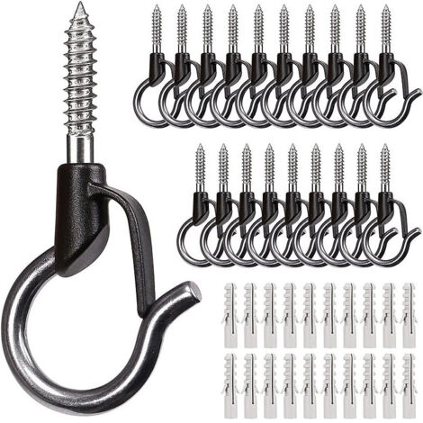 Crochets à vis en plastique de type Q, paquet de 20 crochets noirs - colle noire incluse, avec anneau de sécurité, adaptés à la suspension de rideaux légers d'extérieur.
