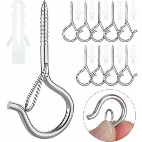 Crochets à visser en acier inoxydable pour plafond Charge lourde avec boucle de sécurité avec vis pour suspendre des paniers de plantes, mangeoires, lanternes 12PCS