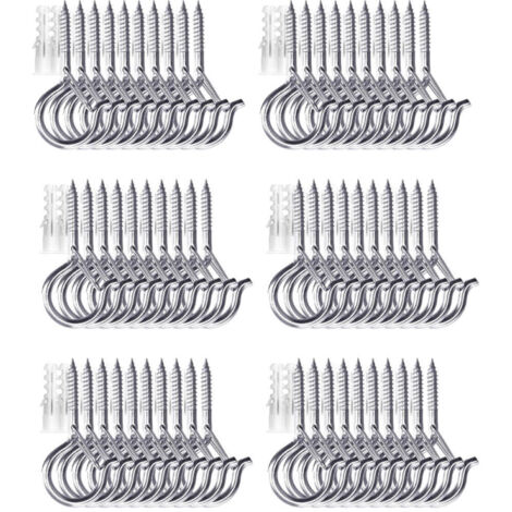 Crochets de plafond à visser pour plantes suspendues, guirlandes lumineuses d'extérieur, pour terrasse, mur et plafond en bois, lot de 60, argent