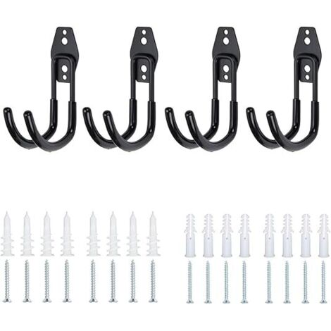 Crochets de rangement pour garage Supports muraux en fer robustes Double crochets Support pour appareil Ensemble de 4 supports de montage mural pour outils électriques, échelle de vélo, tuyau de corde