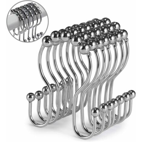 Crochets de rideau de douche, 12 pièces, anneaux de rideau de douche, rouleau en acier inoxydable, résistant à la rouille, double crochets de douche coulissants anti-chute pour rideaux de salle de bai