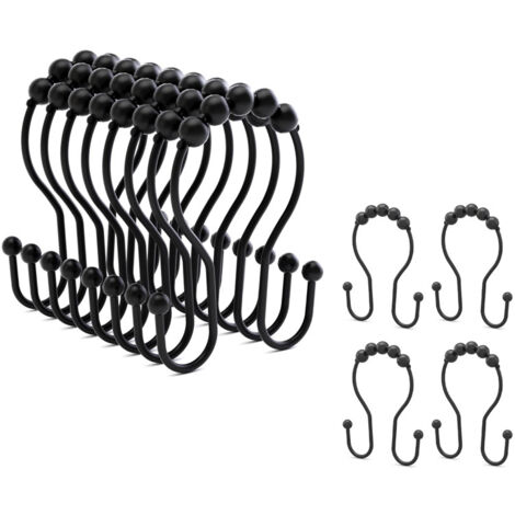 Crochets de rideau de douche, anneaux de rideau de douche, crochets doubles, 12 pièces (noir)